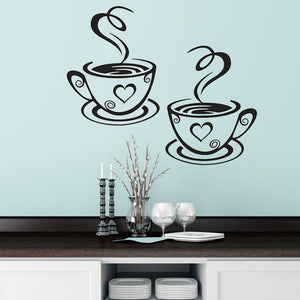 Double Coffee Cups Wall Stickers Beautiful Design tea Cups Room Decoration