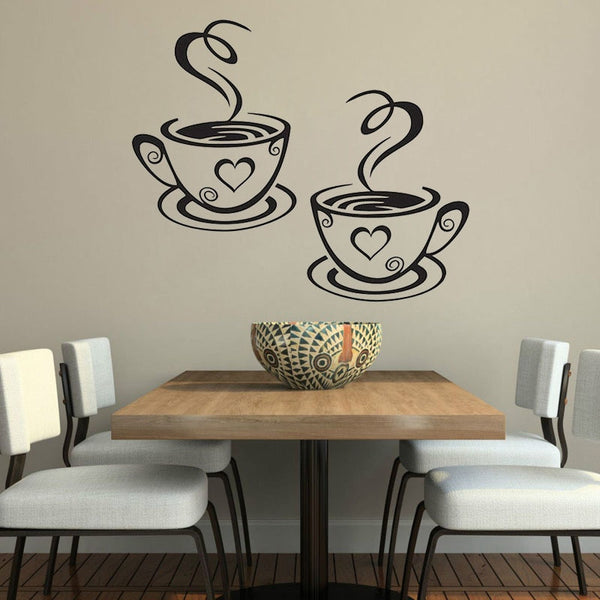 Double Coffee Cups Wall Stickers Beautiful Design tea Cups Room Decoration