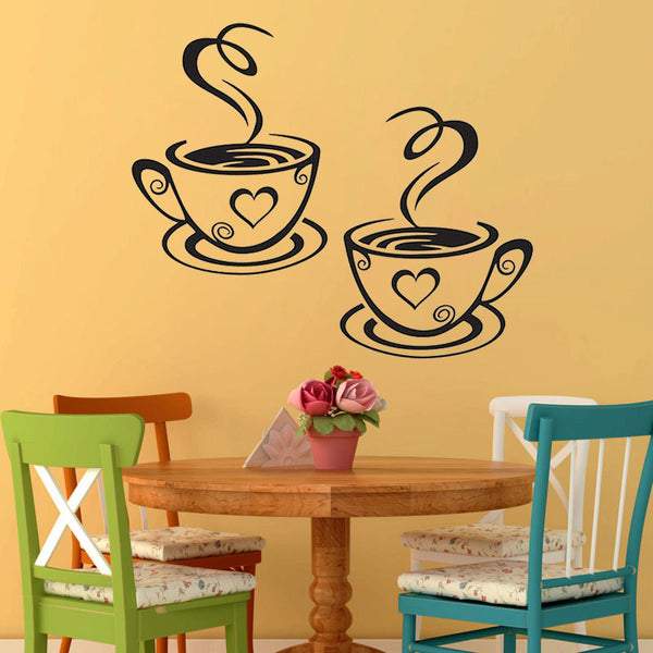 Double Coffee Cups Wall Stickers Beautiful Design tea Cups Room Decoration